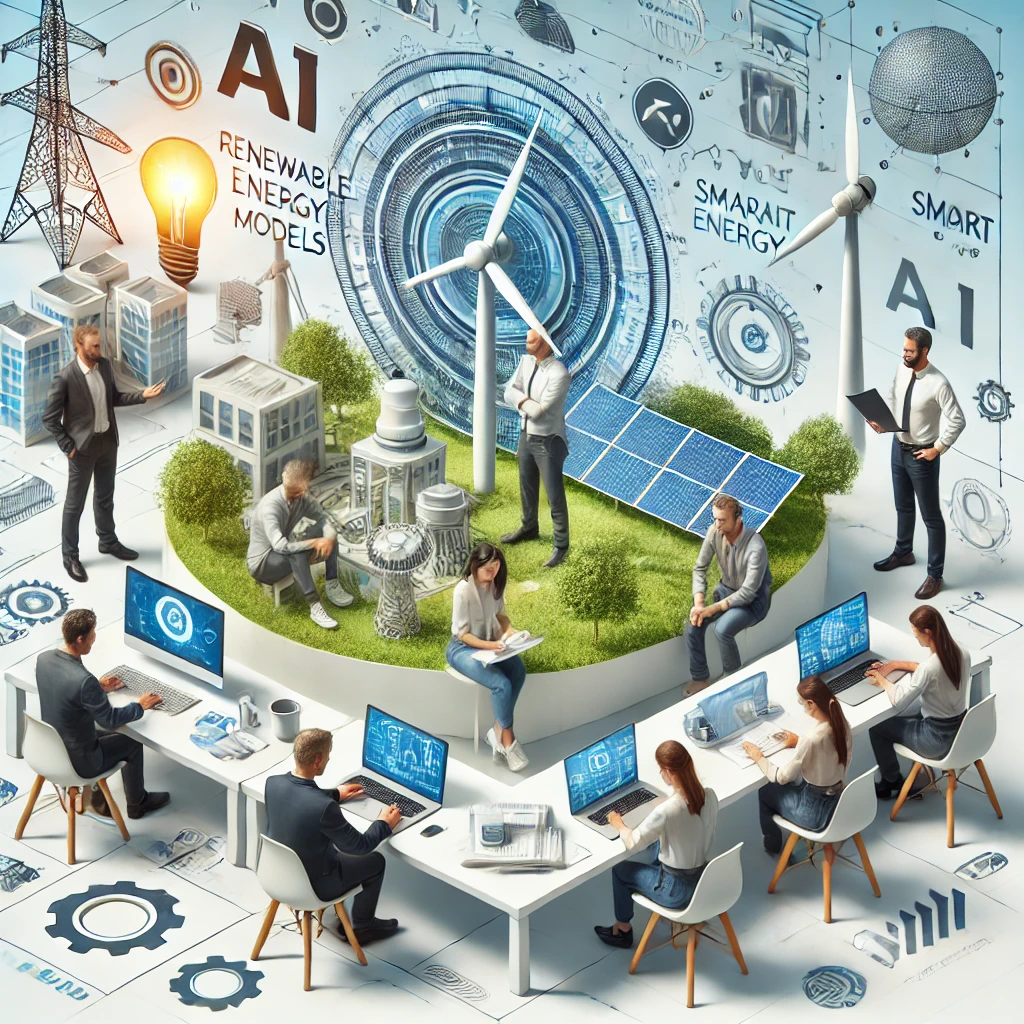 Renewable energy, AI, and smart technology concept with wind turbines, solar panels, and people working.