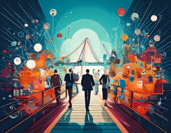 Business people walk across a bridge towards a vibrant, abstract cityscape with abstract shapes and data visualizations.