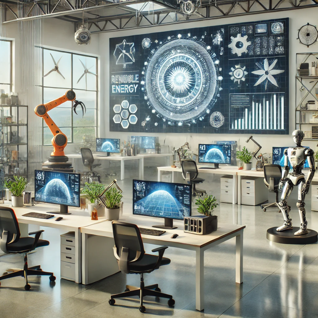 Futuristic office with robot, holographic display, and renewable energy theme.